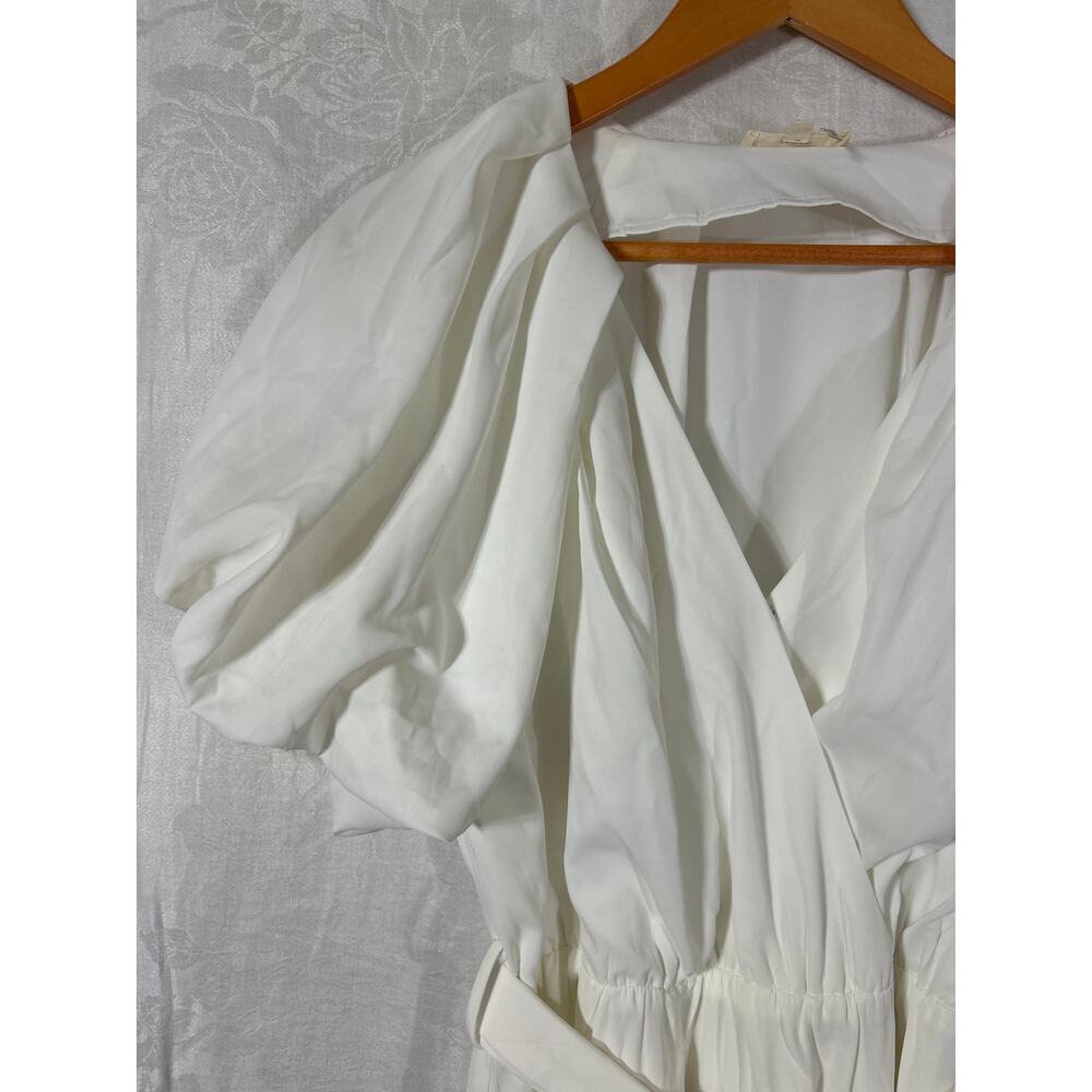 Entro Midi Dress Large White Puff Sleeve Belted Pleated - Picture 3 of 13